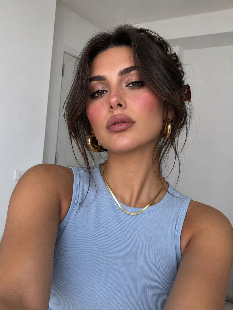 A close-up selfie of a young woman with dark brown hair styled up with a clip, wearing a light blue tank top, gold hoop earrings, and a gold necklace. She has rosy blush, freckles, and is looking directly at the camera.