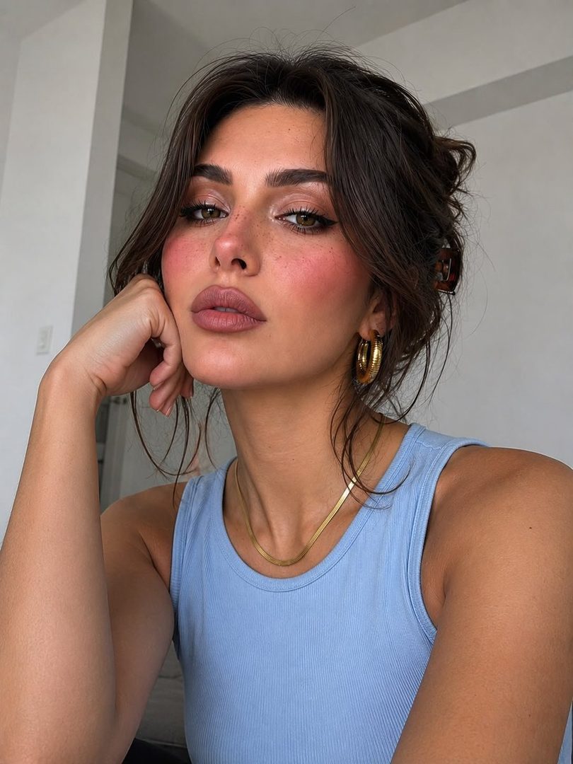 A close-up selfie of a young woman with dark brown hair, rosy blush, and matte pink lips, wearing a light blue tank top and gold hoop earrings.