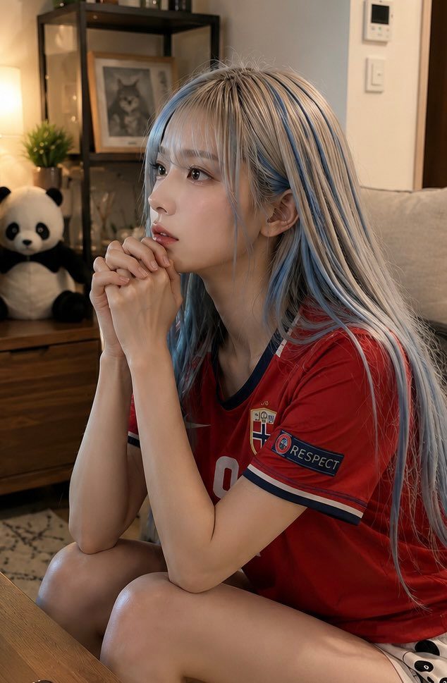 A young woman with long blonde and blue-streaked hair, wearing a red Norwegian football jersey, sits indoors with her hands clasped, looking thoughtfully to the side.