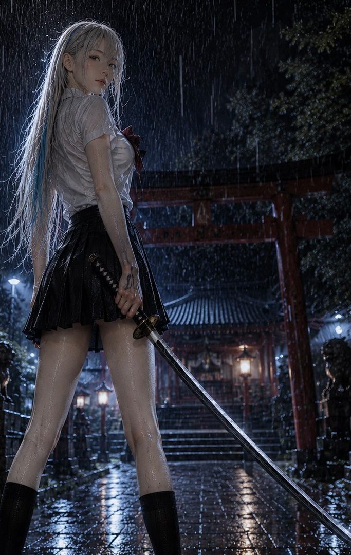 A young woman with long white hair and blue streaks, wearing a wet school uniform and holding a katana, stands in the rain in front of a Japanese shrine.
