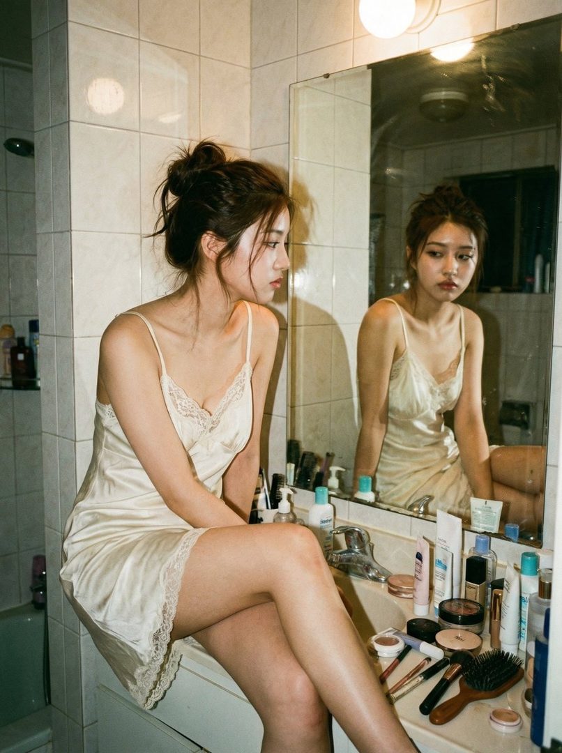A young woman with her hair in a messy bun sits by a bathroom sink, wearing a silky slip dress and looking into the mirror.