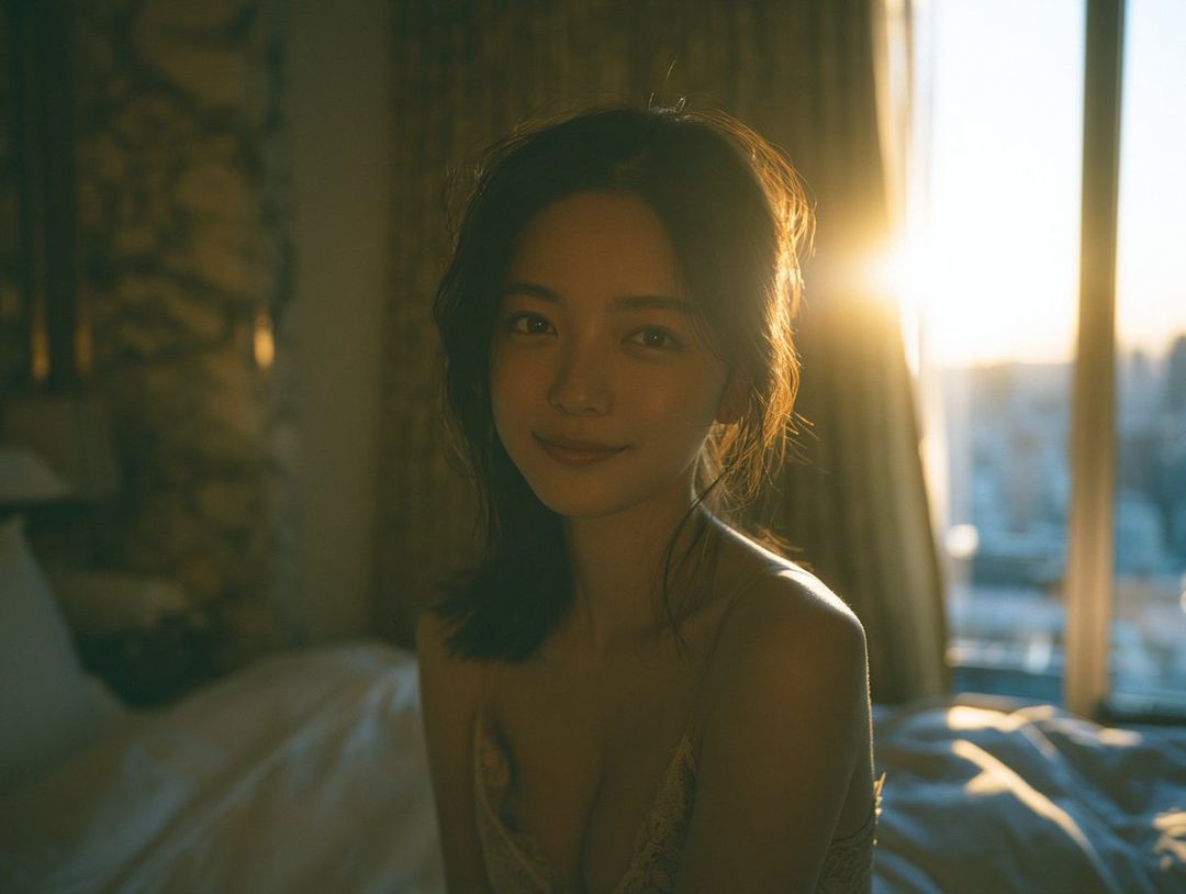 A young East Asian woman with long brown hair smiles gently, bathed in the warm glow of golden hour sunlight streaming through a window, while sitting on a bed.
