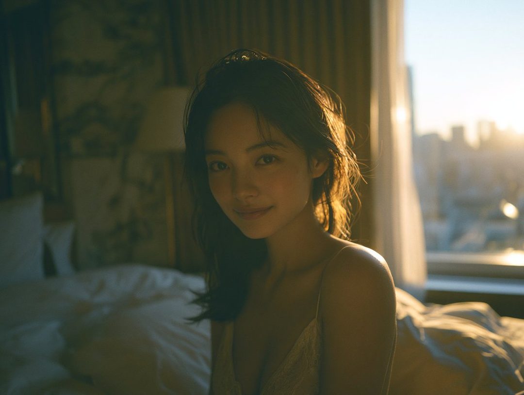 A beautiful East Asian woman with long brown hair smiles gently, bathed in warm sunlight, in a bedroom setting.