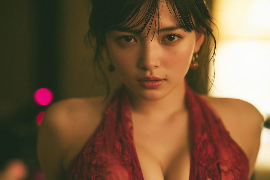 A close-up portrait of a young East Asian woman with dark hair, wearing a red lace top, looking directly at the camera with a soft expression.