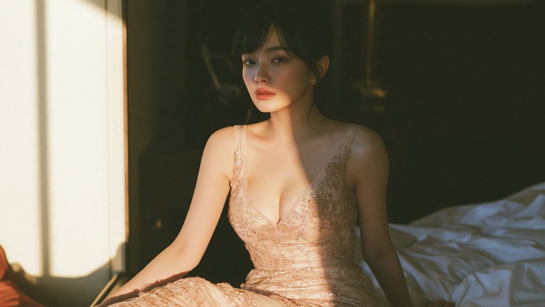 A beautiful East Asian woman with black hair and bangs, wearing an elegant, sparkling dress, poses indoors with soft lighting.