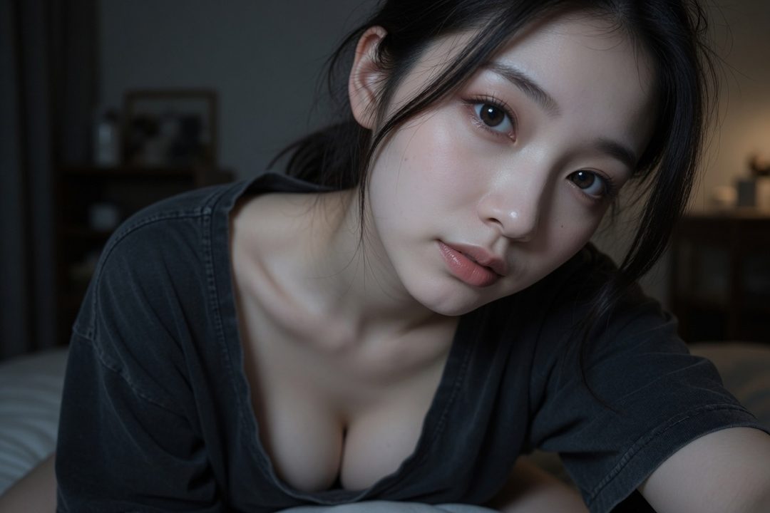 Close-up portrait of a young East Asian woman with dark hair, wearing a dark t-shirt, looking at the camera with a soft expression.