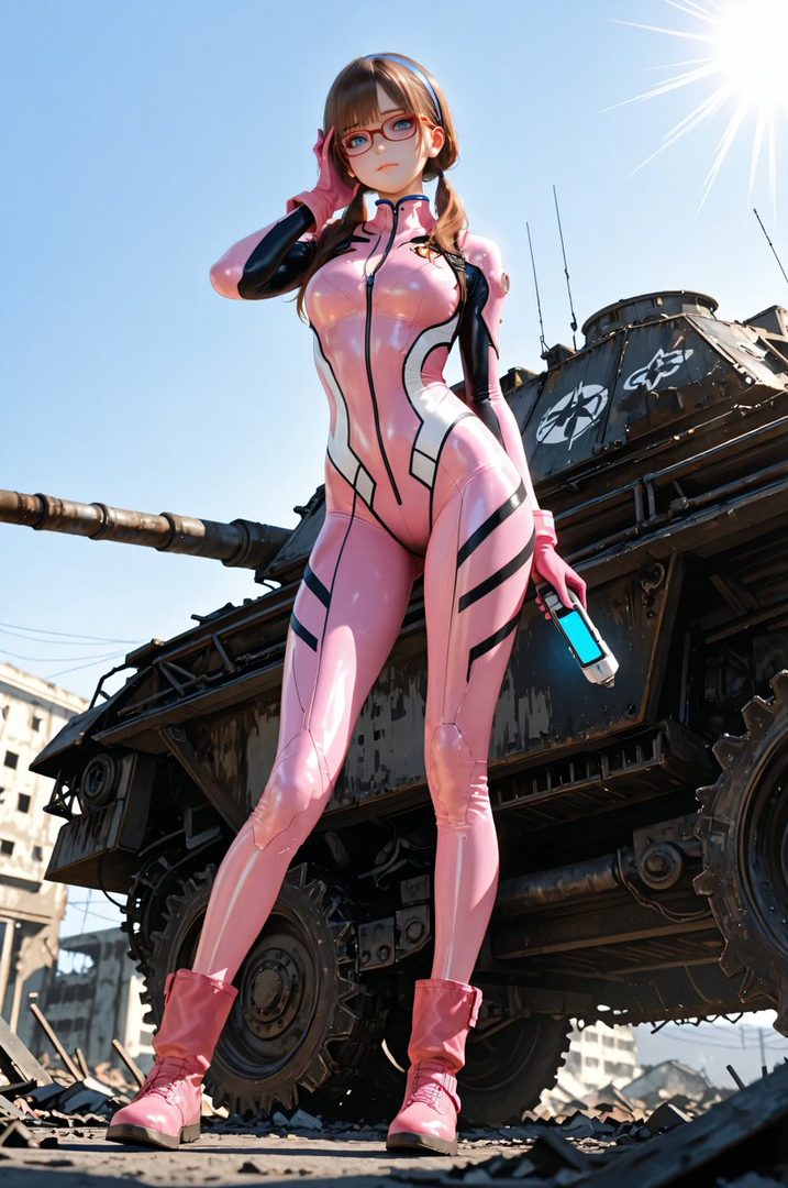 A young woman in a pink and black form-fitting suit stands in front of a tank, holding a futuristic device.