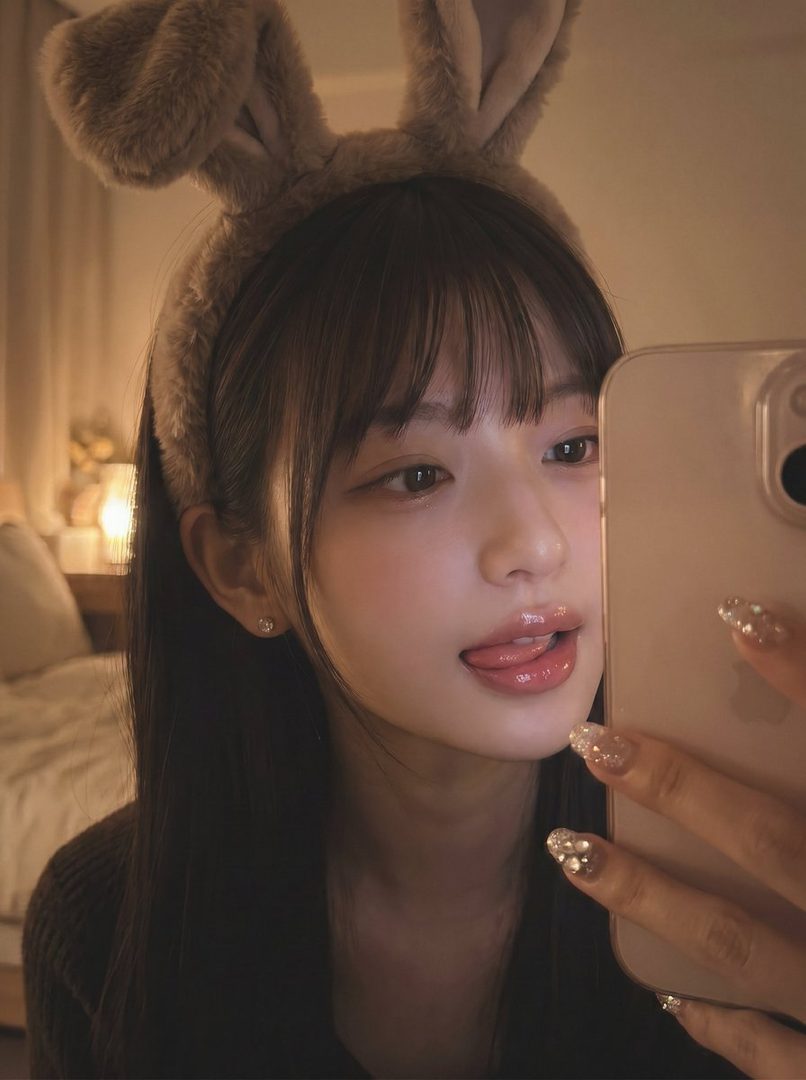 A young woman with long dark hair and bangs, wearing a fluffy bunny ear headband, sticks her tongue out playfully while taking a selfie with her phone.