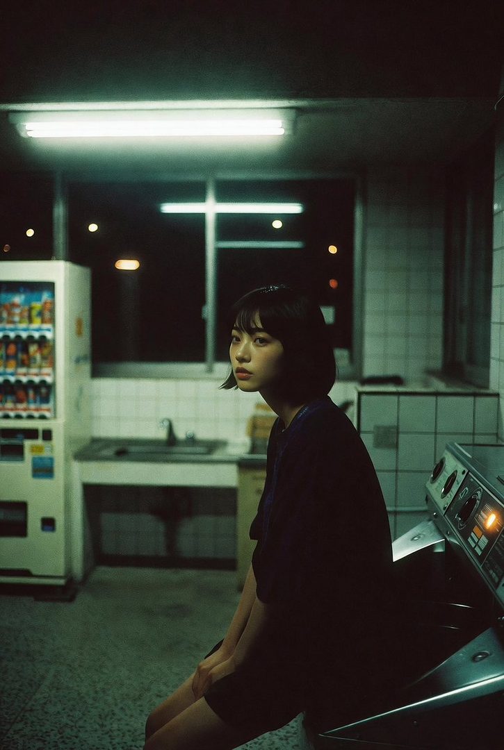 A young woman with short black hair sits in a dimly lit room with a vending machine and laundry machines.