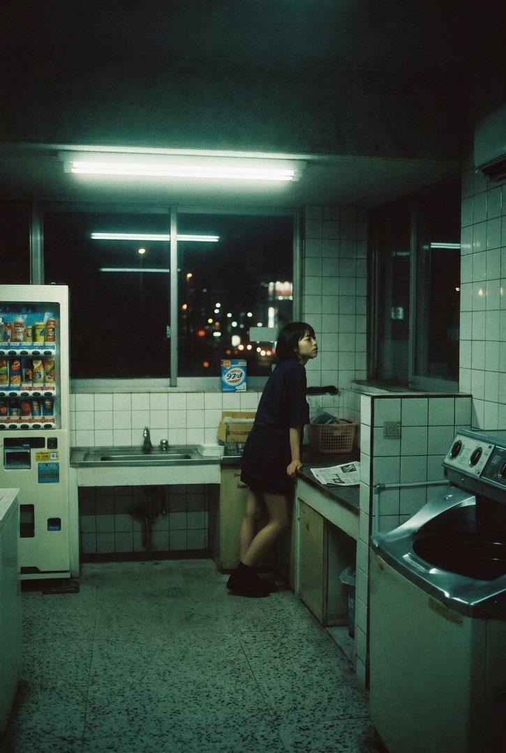A young woman with short black hair stands in a dimly lit room with a vending machine and laundry appliances, looking out a window at the night cityscape.