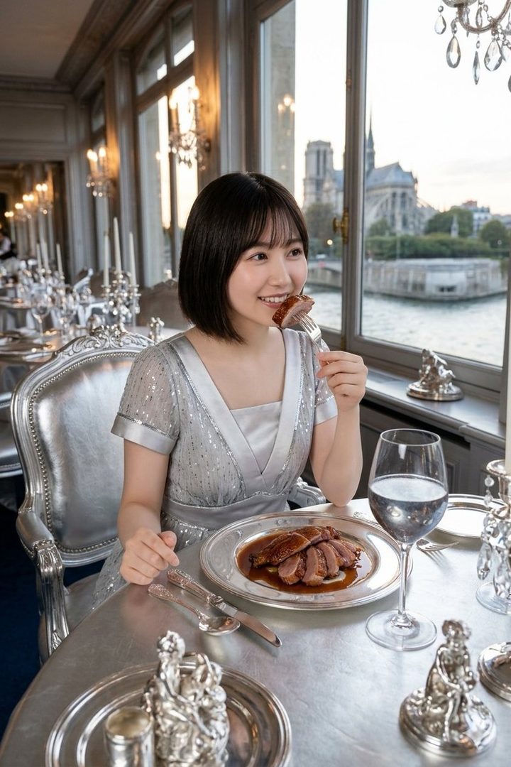 A young East Asian woman with short black hair, wearing a sparkling silver dress, is enjoying a meal of roast duck at a luxurious restaurant with a view of Notre Dame Cathedral in Paris.