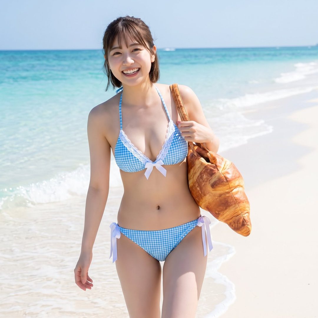 A young woman in a blue gingham bikini walks on a sunny beach, holding a croissant-shaped bag.
