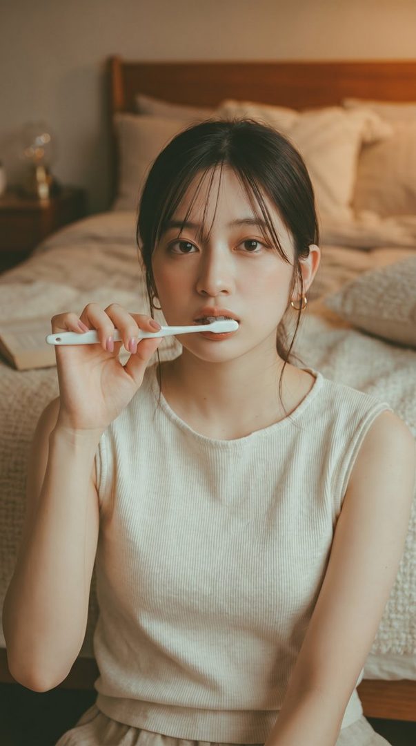 A young East Asian woman with long black hair is brushing her teeth in a bedroom setting.