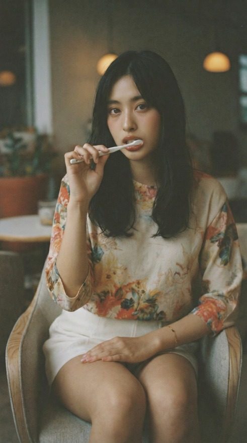A young East Asian woman with long black hair sits indoors, holding a toothbrush to her mouth, wearing a floral print top and white shorts.