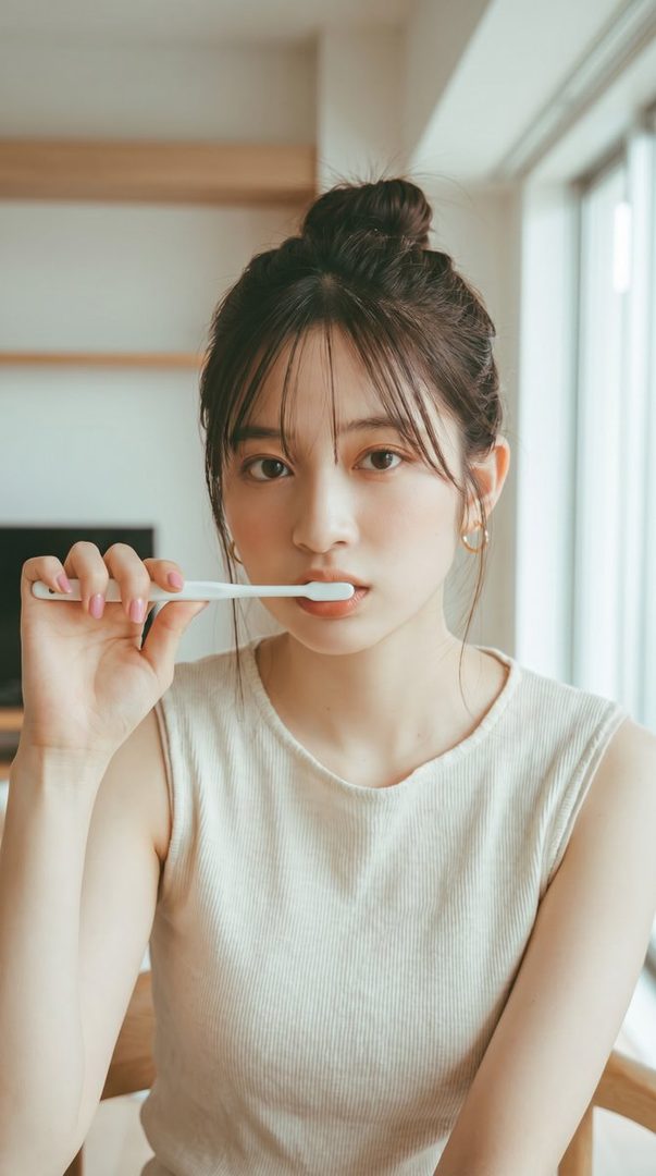 A young woman with her hair in a bun, holding a toothbrush in her mouth, looking at the camera.