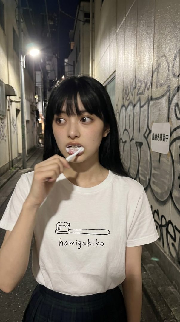 A young woman with black hair and bangs brushes her teeth in a narrow alleyway at night, wearing a white t-shirt with a toothbrush graphic.