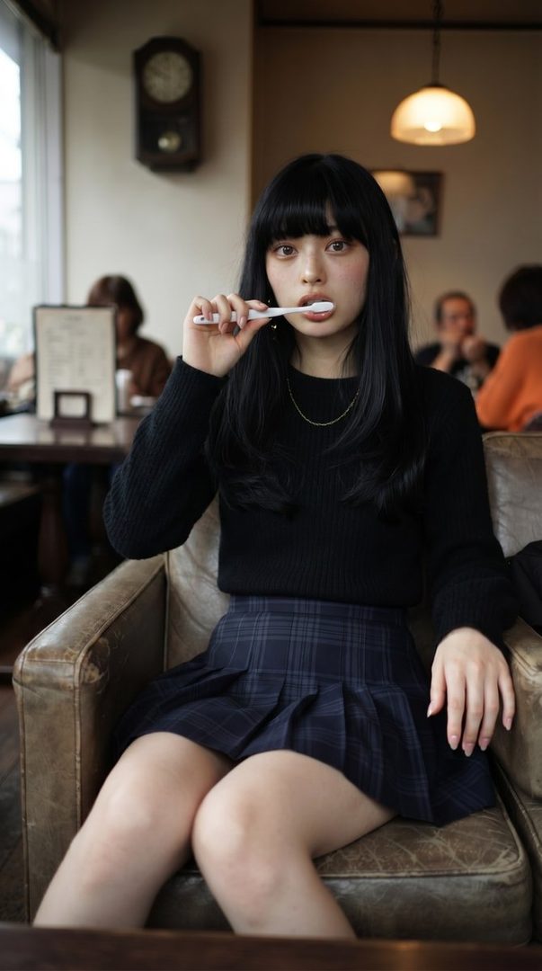 A young woman with long black hair and bangs, wearing a black knit top and a plaid skirt, sits in a cafe chair while holding a toothbrush to her mouth.