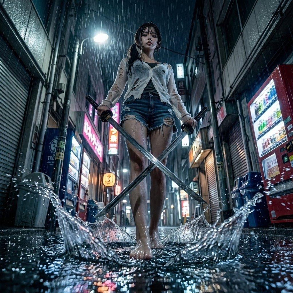 A young woman with a ponytail stands in a rainy city street at night, holding two katanas, with neon signs and vending machines in the background.