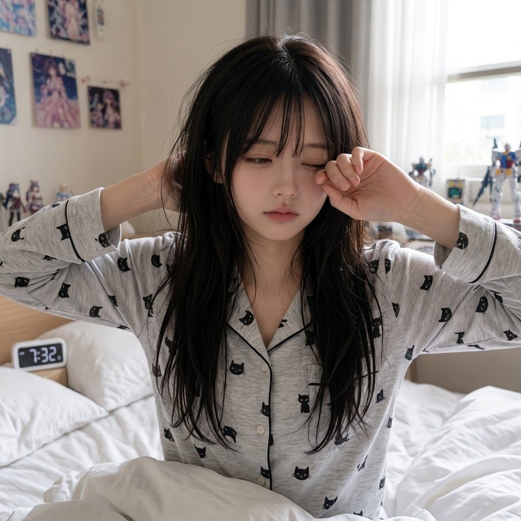 A young woman with long black hair, wearing pajamas with a cat print, rubs her eyes while sitting on a bed in the morning.