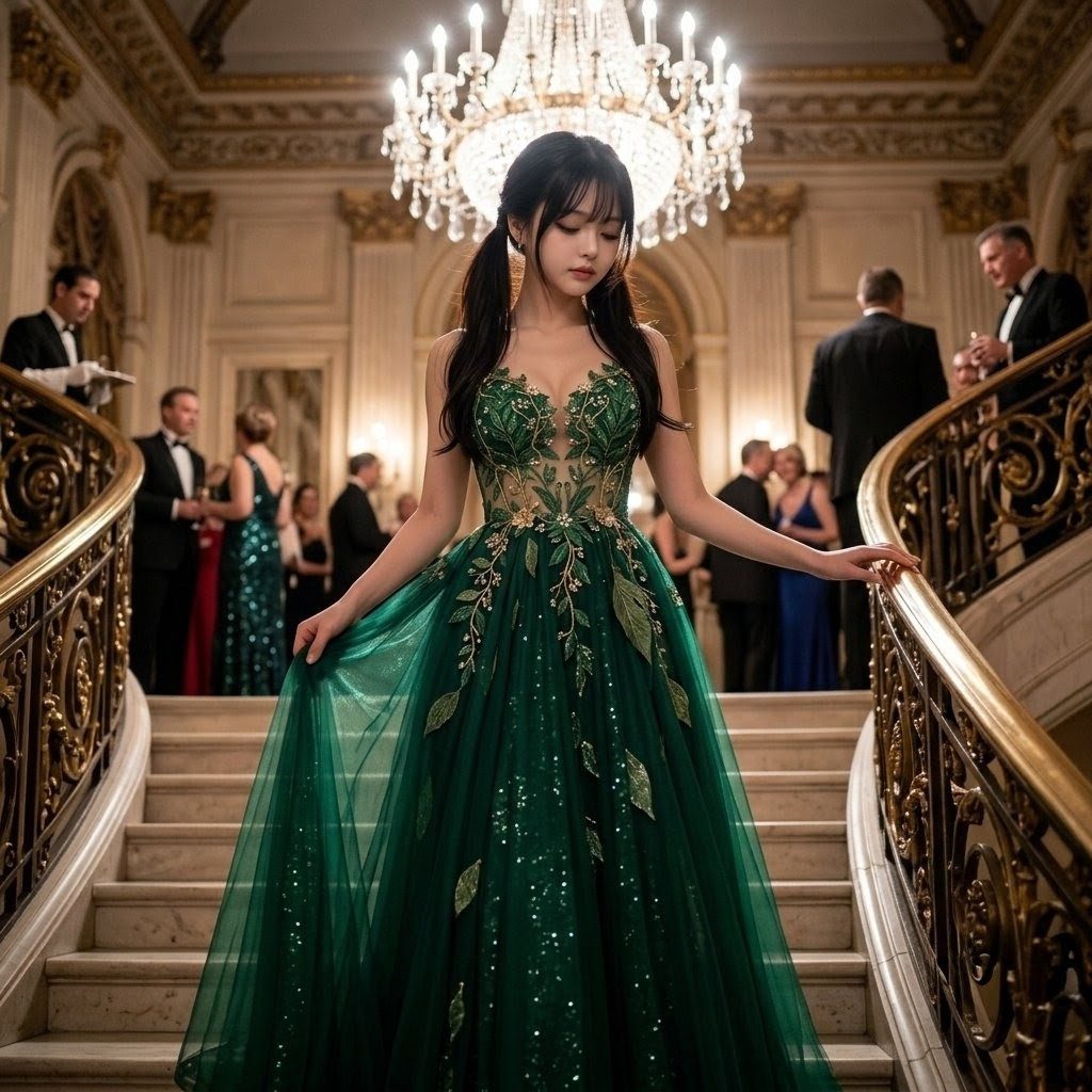 A young woman in a stunning emerald green gown with leaf motifs poses on a grand staircase, illuminated by a chandelier.