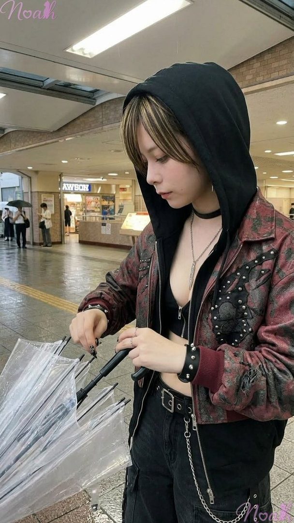 A person with short brown hair and blonde highlights, wearing a black hoodie, a red studded jacket, and cargo pants, is holding a clear umbrella in a subway station.