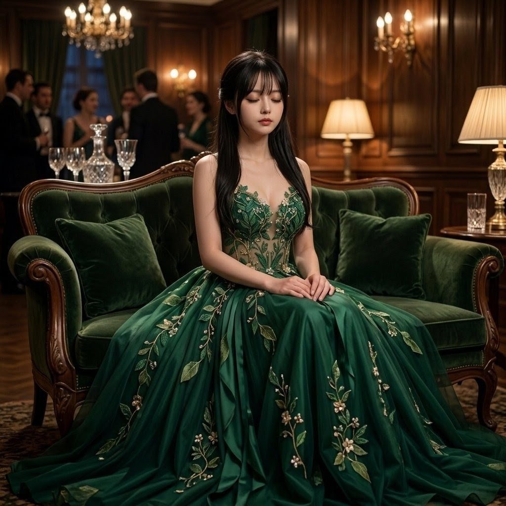 A young East Asian woman with long black hair, wearing an elegant emerald green gown with floral embroidery, sits on a velvet sofa in a luxurious indoor setting.