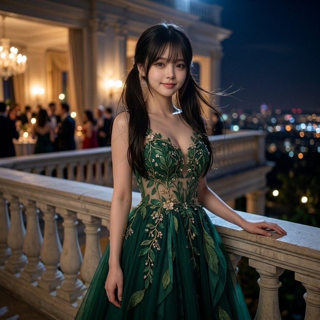 A young woman with black hair in pigtails, wearing a green floral dress, stands on a balcony at night with a city view.