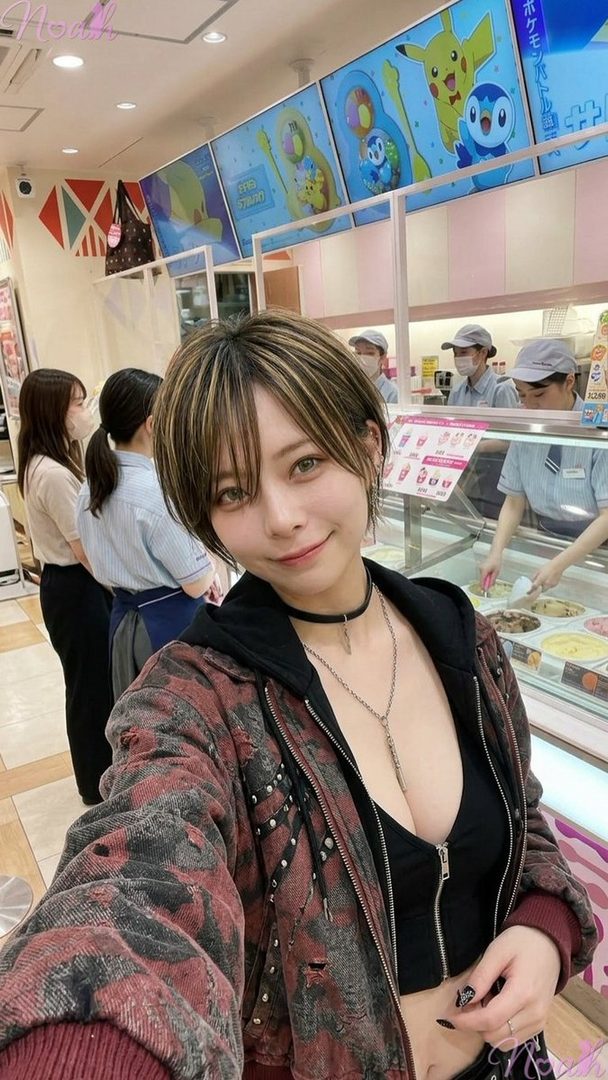A young woman with short brown hair and blonde highlights takes a selfie in an ice cream shop, wearing a distressed jacket and a black crop top, with staff and Pokemon ads in the background.