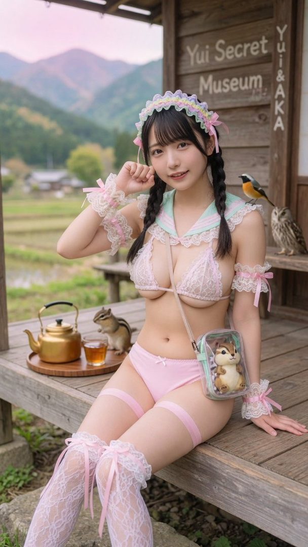 A young woman with black braided hair and bangs, wearing a pink lace bikini and white thigh-high stockings, poses outdoors with a scenic mountain background.