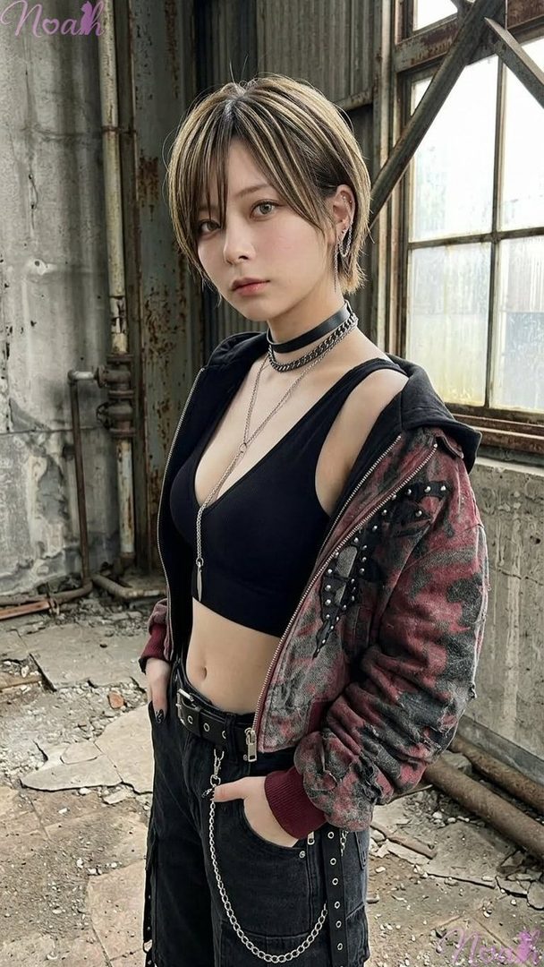A woman with short brown hair and blonde highlights wears a black crop top, a red and black tie-dye hooded jacket, a choker, and cargo shorts in an abandoned building.