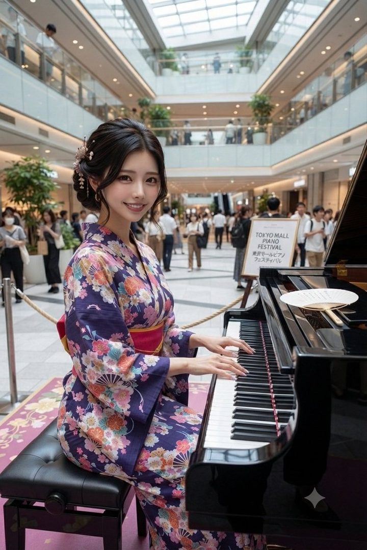 A beautiful Japanese woman in a floral kimono plays the piano in a bright, modern shopping mall.