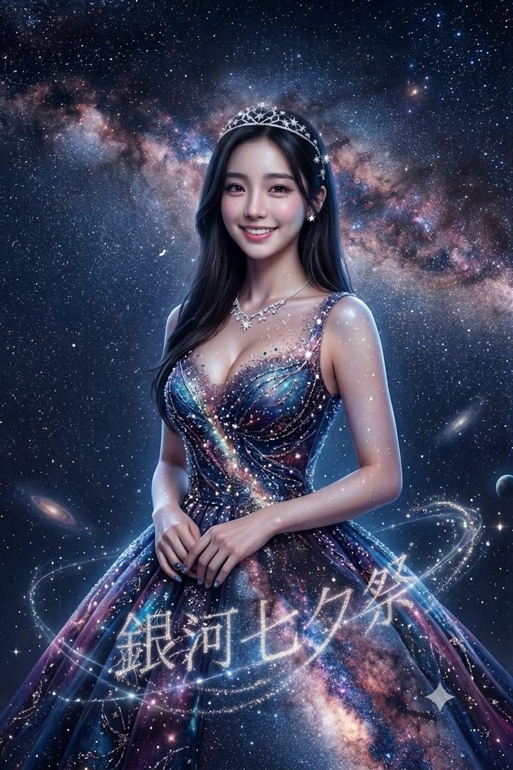 A beautiful East Asian woman in a sparkling galaxy-themed dress and tiara, posing against a cosmic background.
