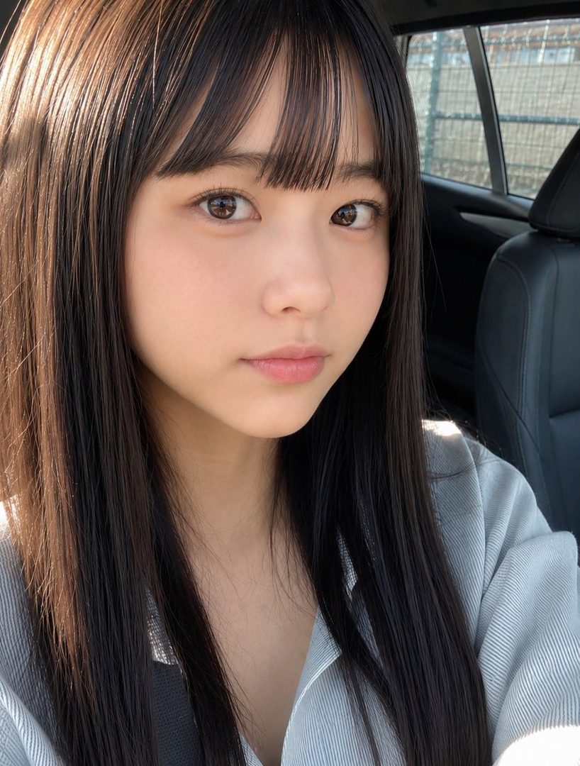 A young East Asian woman with long black hair and bangs takes a selfie in a car, wearing a light-colored blouse.