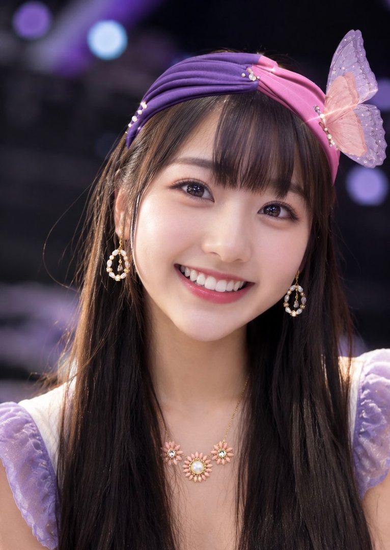 A young East Asian woman with long dark hair, bangs, and a bright smile, wearing a purple and pink headband with a butterfly accent and a floral necklace.