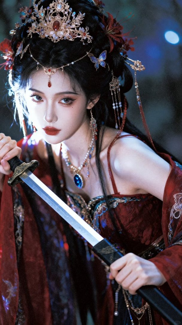 A photorealistic portrait of a woman in traditional East Asian attire, holding a sword, with intricate jewelry and makeup.