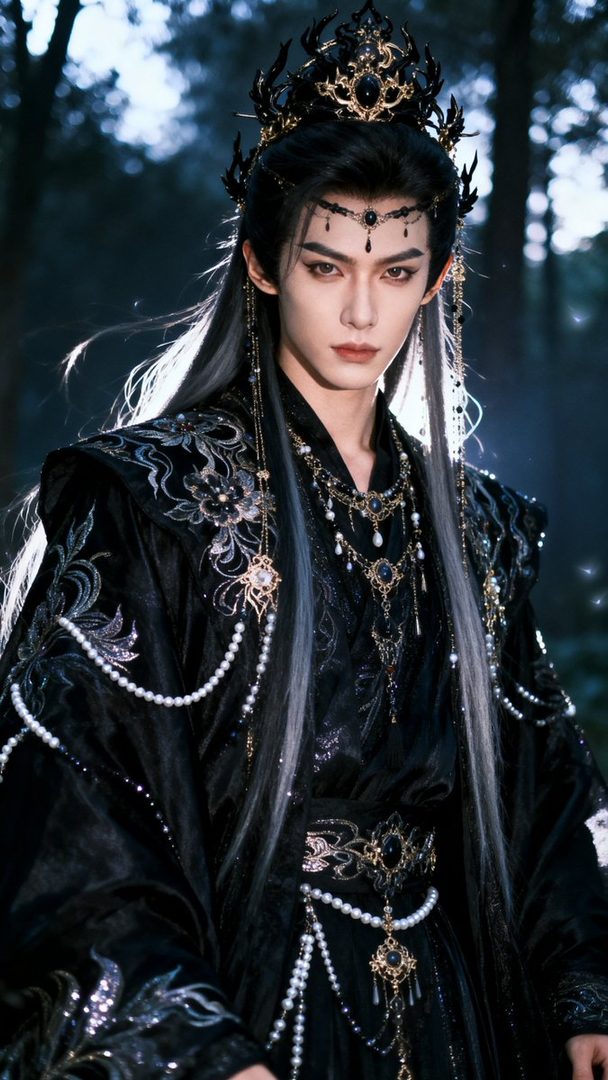 A photorealistic portrait of an East Asian male model dressed in elaborate black and gold traditional attire, wearing a crown and ornate jewelry, with long grey hair, posing outdoors in a dimly lit forest.