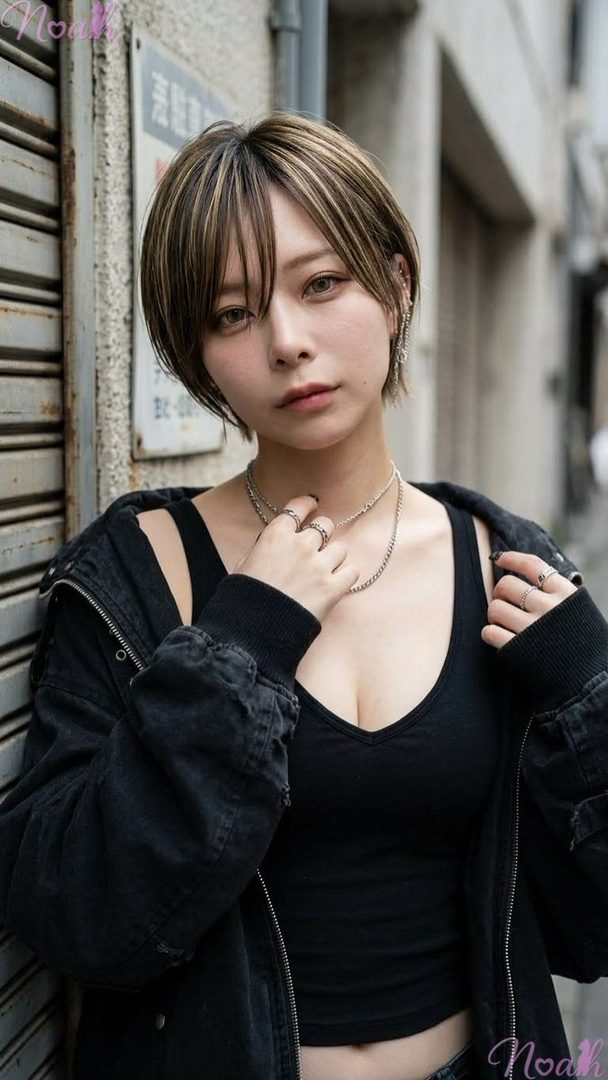 A woman with short brown hair and blonde highlights wears a black crop top and a black denim jacket, posing in an urban alleyway.
