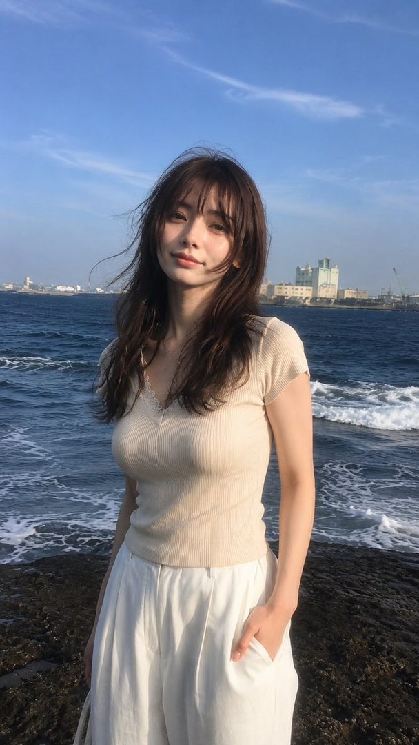A young woman with long brown hair stands on a rocky shore with the ocean and a distant cityscape behind her.