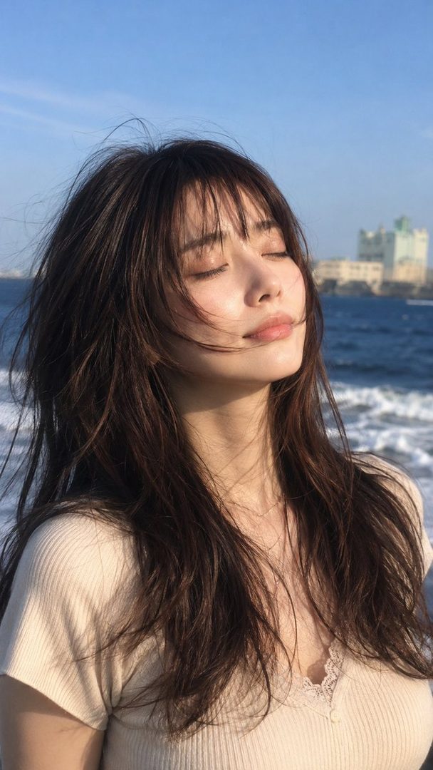 A young woman with long brown hair and bangs, eyes closed, basking in the sunlight by the sea.