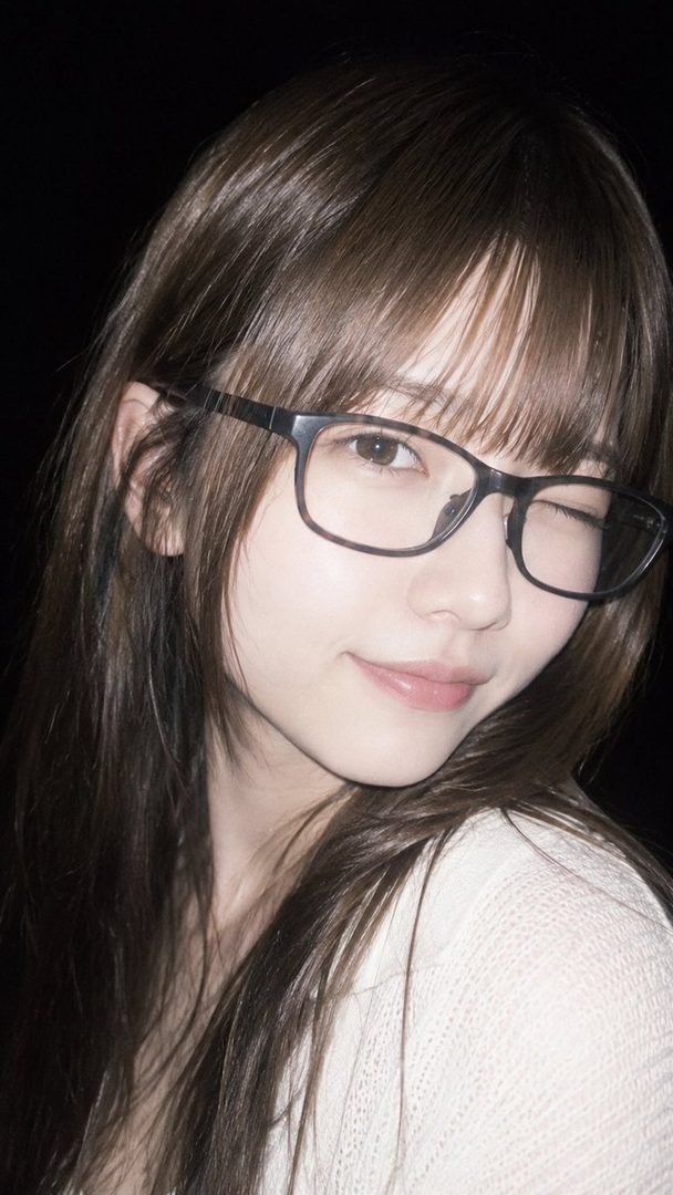 A young woman with long brown hair and bangs, wearing glasses and a white knitted top, winks at the camera.