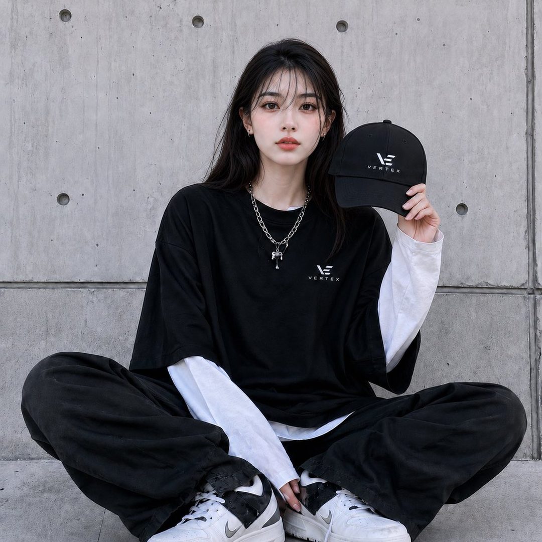 A young East Asian woman with long black hair, wearing a black t-shirt over a white long-sleeved shirt, black pants, and sneakers, holding a black baseball cap.