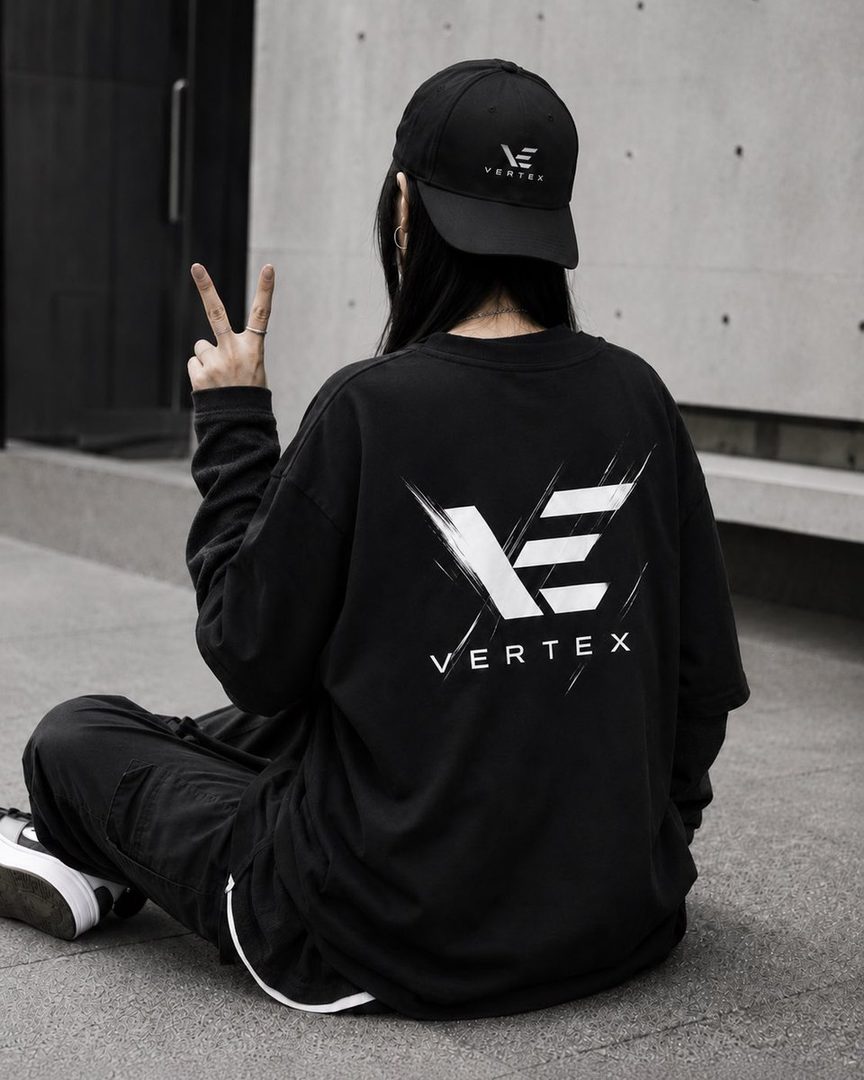 A person wearing a black long-sleeved shirt with a white 'VERTEX' logo and a black baseball cap, sitting outdoors and making a peace sign.