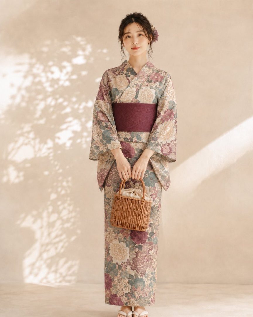A young East Asian woman in a traditional floral yukata and obi, holding a woven basket, posing indoors with soft lighting.