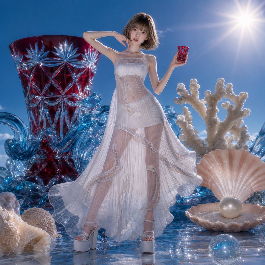 A young woman in a sheer white dress with snake patterns stands in a surreal, ocean-themed setting with giant shells and glass structures under a bright blue sky.