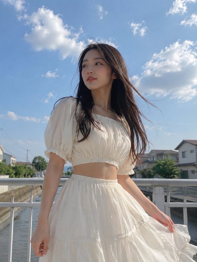 A young East Asian woman with long dark hair, wearing a white crop top and tiered skirt, stands outdoors under a blue sky with clouds.