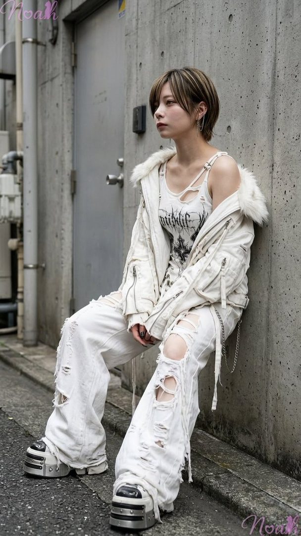 A person with short brown hair and highlights wears a white ripped outfit, including a graphic tank top, bomber jacket with fur trim, and ripped jeans, paired with platform shoes, posing in an urban alleyway.