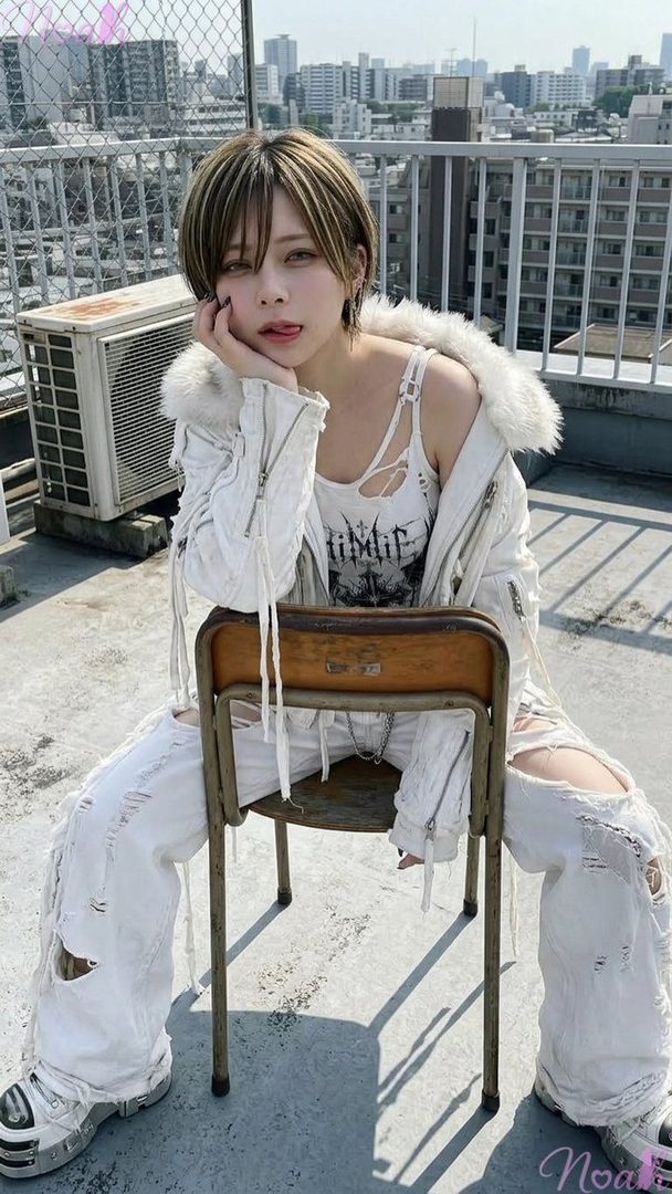 A person with short brown and blonde hair sits on a chair on a rooftop, wearing a white ripped jacket, tank top, and jeans, with their tongue playfully sticking out.