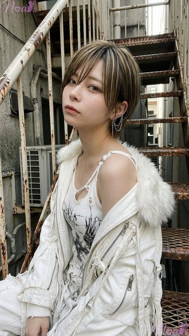 A person with short, highlighted hair and chain earrings wears a white ripped tank top and a white fur-trimmed jacket, posing on rusty outdoor stairs.