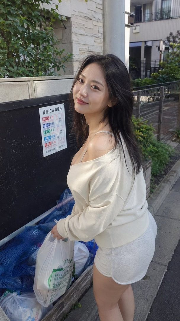 A young woman with long black hair smiles at the camera while taking out the trash on a sunny day.