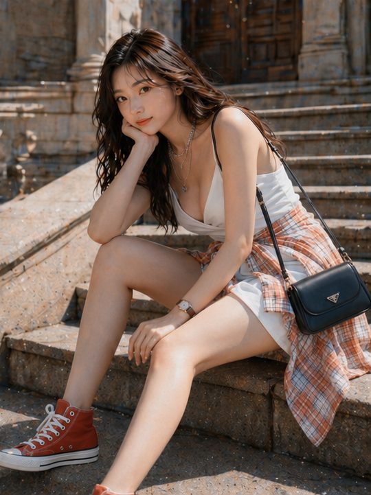 A young woman with long dark wavy hair sits on stone steps, wearing a white camisole, a plaid shirt tied around her waist, and red high-top sneakers, looking directly at the viewer.